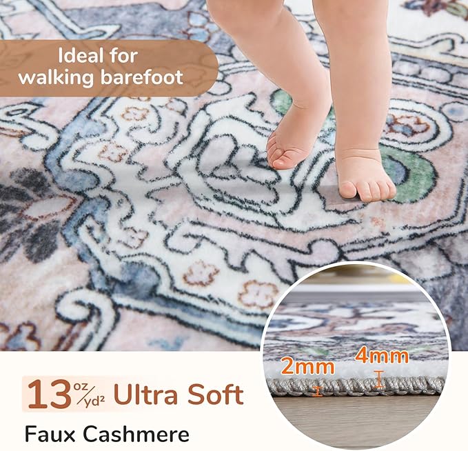 OPPODREAM Soft Area Rugs 9x12 Living Room, Washable Rugs 9x12 with Non Slip Backing, Faux Cashmere Low-Pile 9 x 12 Carpet, Purple & Green & Cream