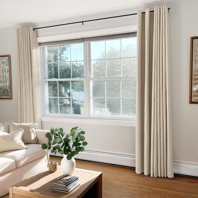 100% Blackout Shield Linen Blackout Curtains for Bedroom, Natural Flax Grommet Curtains for Living Room, Thermal Insulated Room Darkening Drapes for Nursery, Boho Home Decor, 50" W x 96" L, 2 Panels