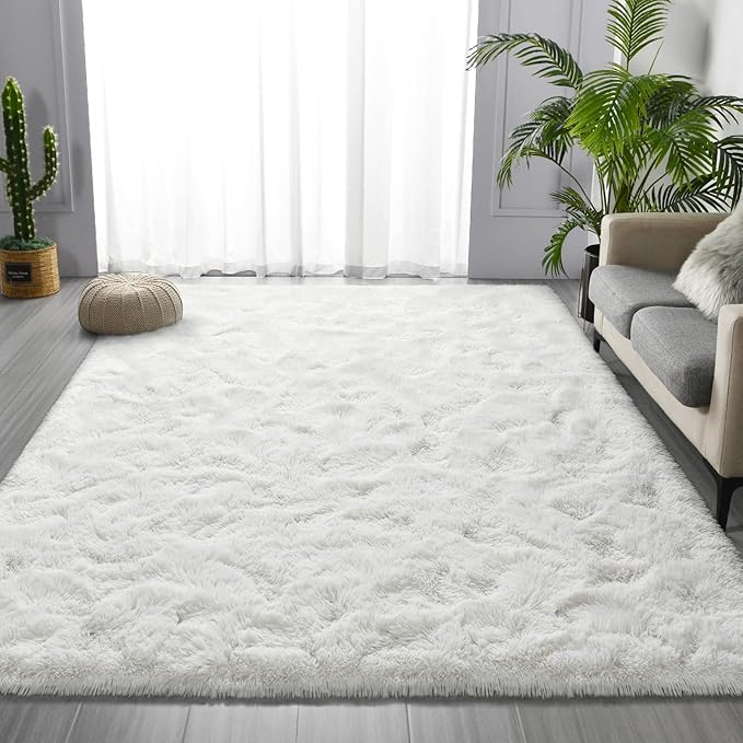 Deerhoo Large Shag Area Rugs 8 x 10, Plush Fuzzy Rugs for Living Room, Ultra Soft Fluffy Furry Rug for Bedroom, Indoor Carpet Nursery Rugs for Kids Room Home Decor, White