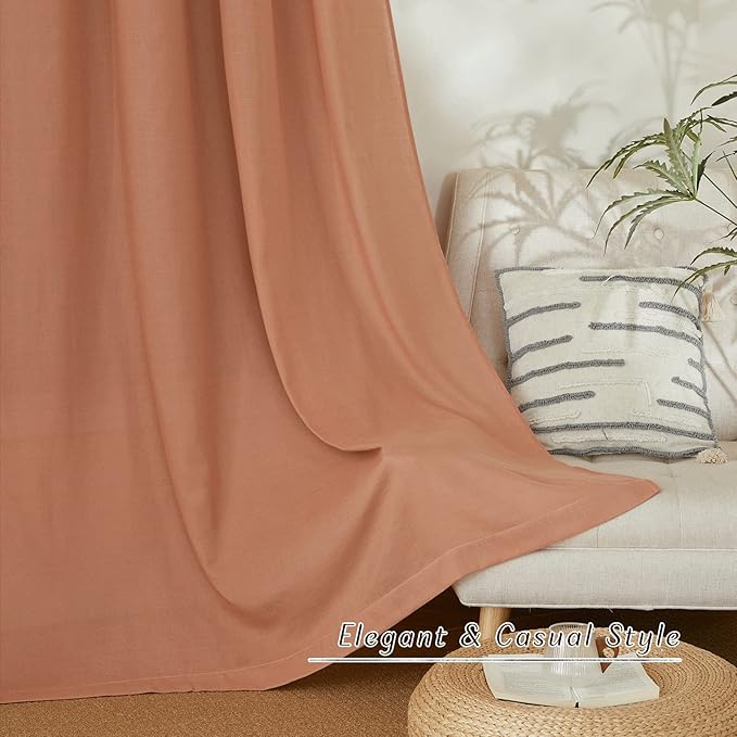 NICETOWN Linen Curtains for Windows 90 inch Long, Grommet Semi Sheer Vertical Drapes Privacy Added with Light Filtering for Doorway/Living Room, Terracotta, W42 x L90, 2 Pieces
