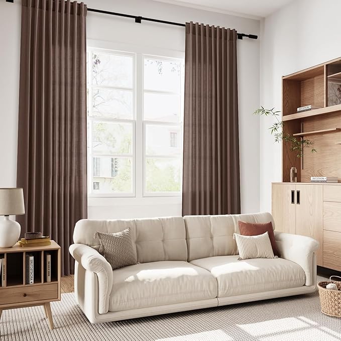 Cappuccino Linen Curtains for Living Room 98 Inches Long Light Filtering Semi Sheer Curtain Back Tab Rod Pocket Luxury Modern Rustic Home Decor Neutral Drapes for Bedroom Dinner Room 52x98, 2 Panels