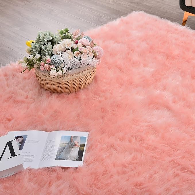 ORINOVA Pink Shag Faux Sheepskin Washable Fur Rug for Living Room Bedroom Furry Area Rug 4x6 Rectangle Rug Nursery Decor Girl