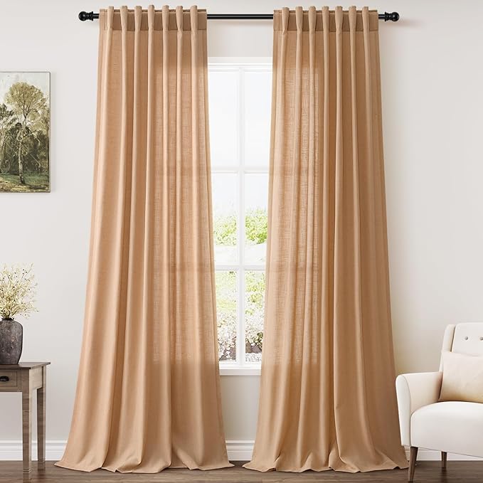 Camel Linen Curtains 96 Inches Long for Living Back Tab Rod Pocket Vintage Rustic Farmhouse Light Filtering Curtain Burlap Textured Linen Drapes 96 Inch Length for Dinning Room Bedroom 52x96