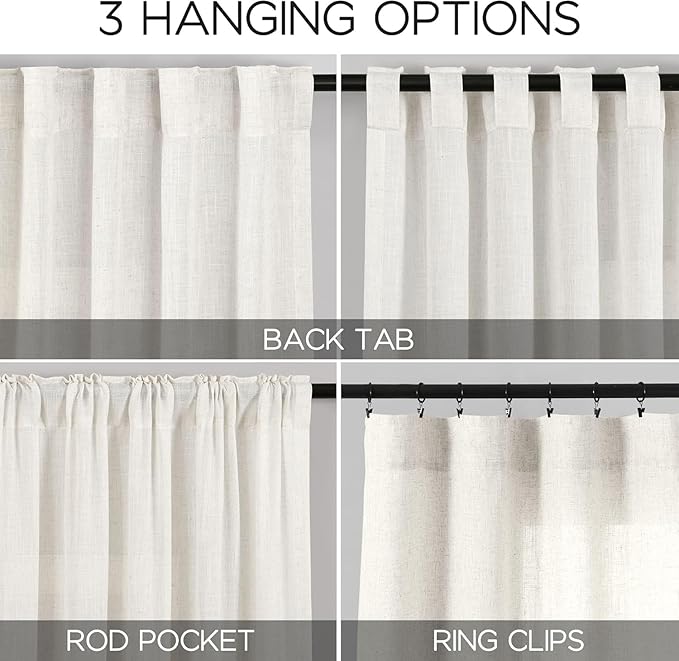 Nanspring Beige White Linen Curtains 84 Inches Long for Living Room Privacy Coastal Decor Semi Sheer Curtain Back Tab and Rod Pocket Light Filtering Drapes for Bedroom, 2 Panels 40 X 84