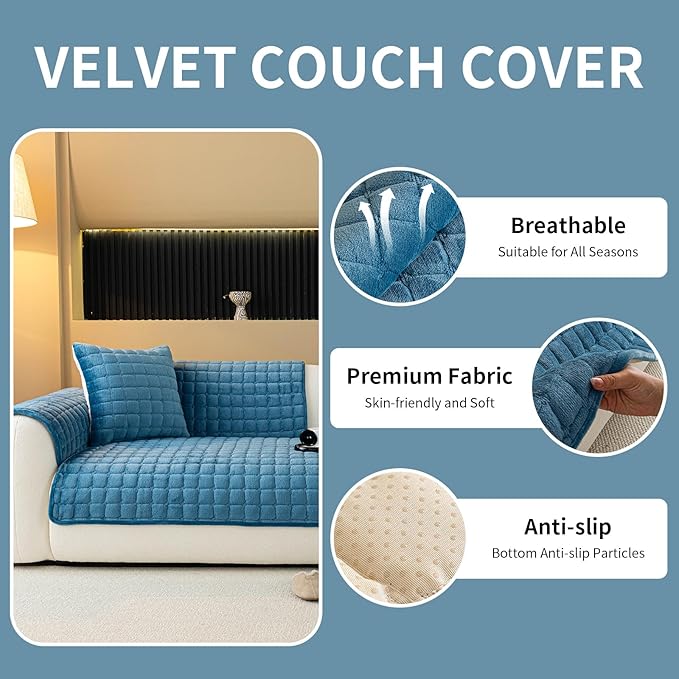 Velvet Couch Cover, Plush Sectional Sofa Cover Washable, Anti Slip Sofa Slipcover for Armrest & Backrest, Furniture Protector Covers for Pets & Kids(1PC, Black, 35.4"×35.4", Single Seater)