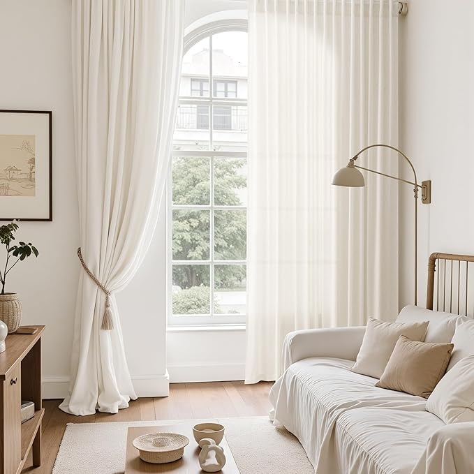 Modern Linen Curtains 108 Inches Long for Living Room Light Filtering Semi Sheer Curtain Back Tab Neutral Luxury Modern Farmhouse Decor Floor to Ceiling High Window for Bedroom 52x108, 2 Panels