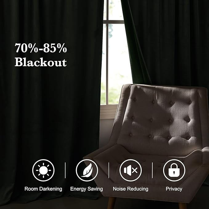 RYB HOME Elegant Green Velvet Curtains 84 inches Long, Light Blocking, Thermal Insulated, Stylish Velvet Drapes with Hook Belt for Cozy Home Aesthetics, 52" W x L90 L, 2 Panels Set