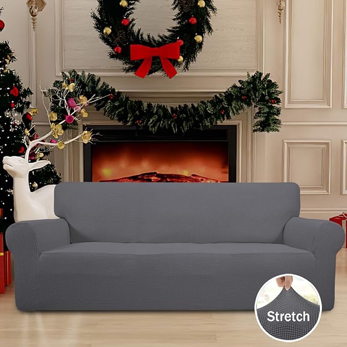 Easy-Going Stretch Oversized Sofa Slipcover 1-Piece Sofa Cover Furniture Protector Couch Soft with Elastic Bottom for Kids, Polyester Spandex Jacquard Fabric Small Checks Gray