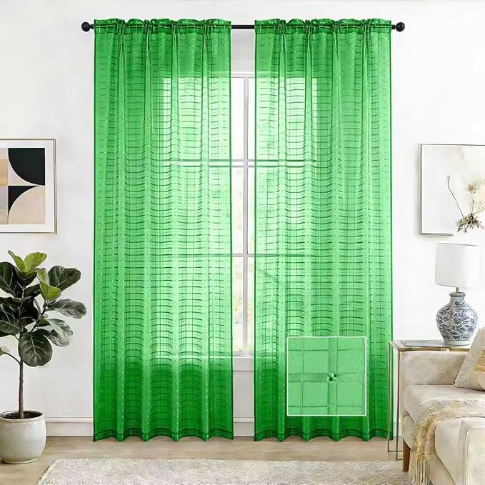 SpaceDresser Check Sheer Curtains 108 Inches 2 Panels Set, Rod Pocket Plaid Window Curtain for Living Room, Green Semi Sheer Drapes for Kitchen Bedroom Children Room Yard（Green, 52W x 108L）