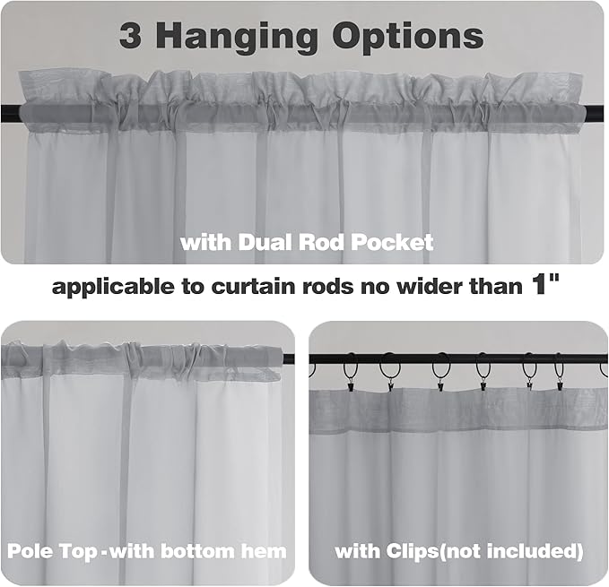 Chyhomenyc Light Grey Sheer Valances for Windows - Light Filtering Small Kitchen Curtains, Rod Pocket Short Top Window Treatment Decor for Living Room Bathroom Basement, 42Wx16L inches, 2 Panels