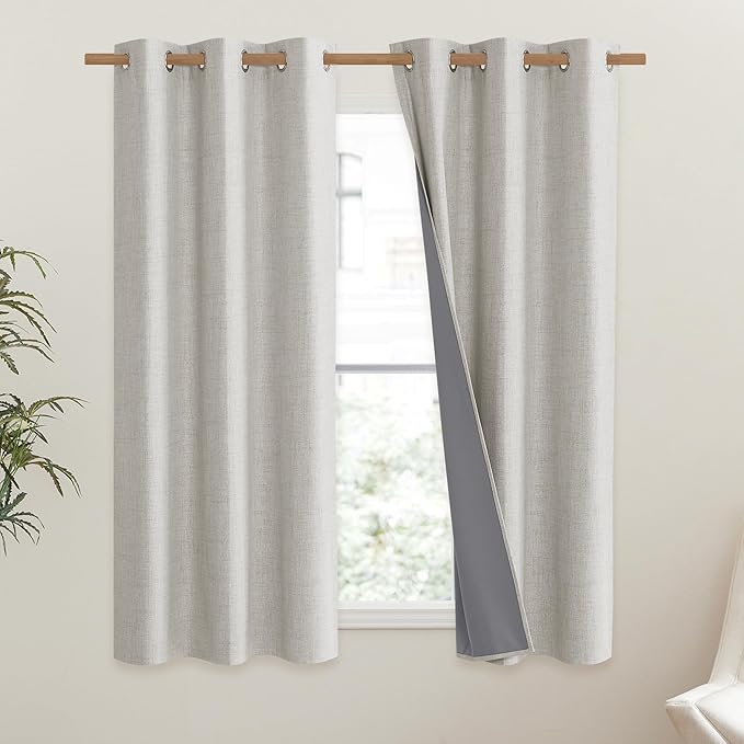 NICETOWN Snowbound Vintage Linen 100% Blackout Curtains for Classroom, Thermal Insulated Curtains 63" Long, Noise Reducing Window Treatment Drapes for Gym Room, 42" Wide Per Panel, Set of 2