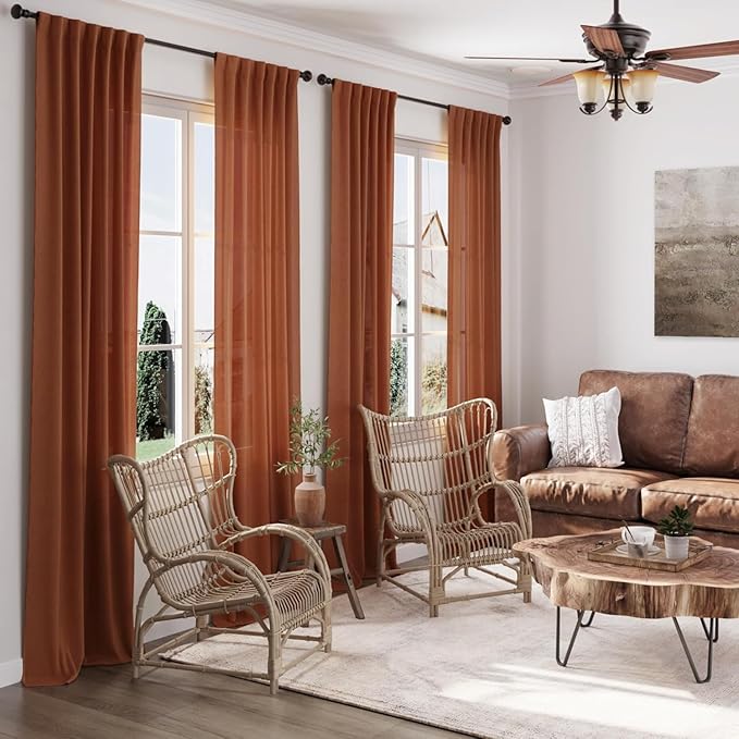 Nanspring Terracotta Linen Curtains 90 Inches Long 2 Panel Set Back Tab Boho Rustic Farmhouse Curtain for Living Room Semi Sheer Light Filtering Luxury Home Decor for Bedroom Dining Room 60x90