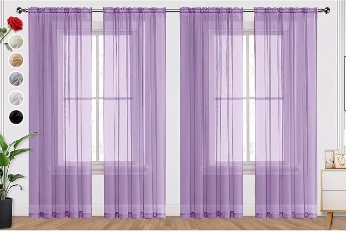 SpaceDresser Lavender Sheer Curtains 4 Panels Rod Pocket Semi-Sheer Curtain 84 Inches Long Light Filtering Voile Window Drapes for Bedroom Living Room Kitchen, Each 52W x 84L