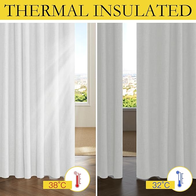 NICETOWN 100% Absolutely Blackout Linen Curtains with Thermal Insulated Grey Liner, Greyish White, 52 inches Wide, 84 inches Length Energy Saving Curtains for Living Room 2 Panels Set, Vertical Blinds