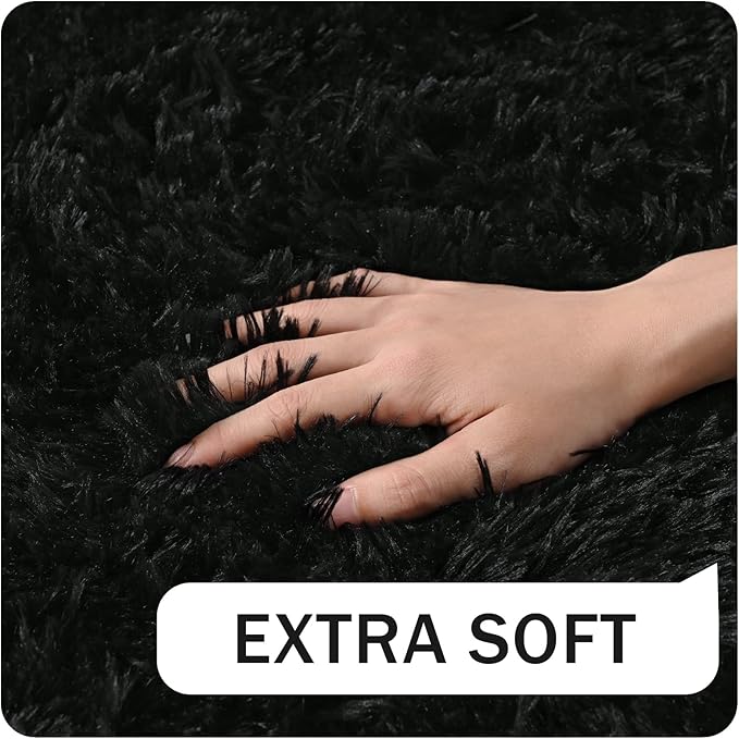 Amearea Shag Fluffy Area Rug for Bedroom Girls Living Room, Extra Soft and Fuzzy Shaggy Rugs, Non Slip, Solid Color Carpet Mat for Boys Nursery Home, Black 2x6 Feet
