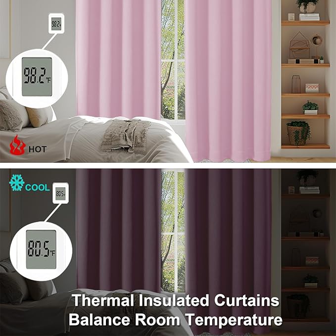 Simplebrand Ava Pink Short Blackout Curtains for Bedroom 45 Inches Long 2 Panels Set, Solid Thermal Insulated, Energy Saving Window Treatment Curtains Blackout Drapes, W40 x L45 Inch, Pink