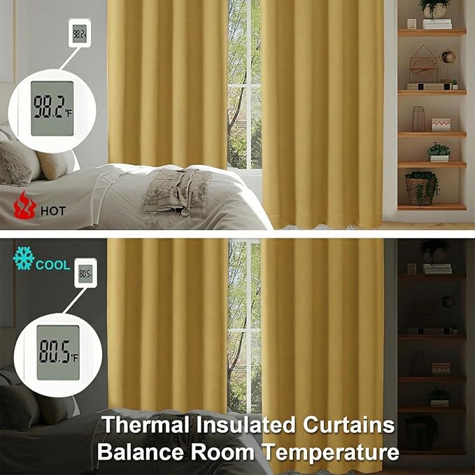 Simplebrand Ava Bright Gold Blackout Curtains for Bedroom 72 Inch Length 2 Panels Set, Privacy Thermal Insulated Rod Pocket Door Window Curtains for Patio French Door Front Door, W40 x L72 Inch