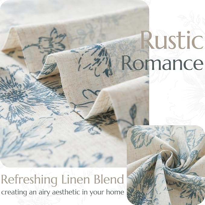 jinchan Linen Floral Curtains 84 Inch Length for Living Room Bedroom Light Filtering Farmhouse Peony Flower Drapes Rustic Window Curtain Set Rod Pocket Back Tab 2 Panels Blue