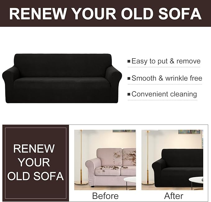 U-NICE HOME Stretch Couch Cover Sofa Cover Sofa Slipcover Furniture Protector for 3 Cushion Couch Sofa Pet Friendly(Sofa, Black)