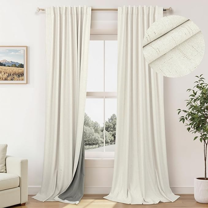 Blackout Window Curtains 2 Panel Set for Bedroom Boho Ivory Cream Linen Back Tab Thermal Keep Out Cold Weather Light Blocking Block Out Room Darkening Living Room Curtain 42 x 84 Inches Long Off White
