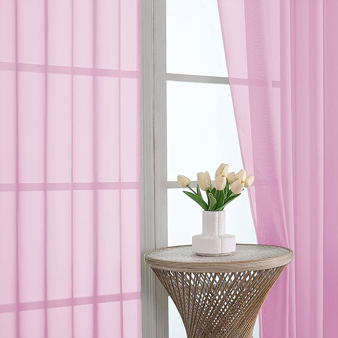 OWENIE Sheer Curtains 84 Inches Long 2 Panels Set, Sheer Pink Curtains for Living Room Bedroom 59 Inch Extra Wide, Modern Voile Filmy Rod Pocket Drapes, 2 Pcs, Each 59 W x 84L, Pink