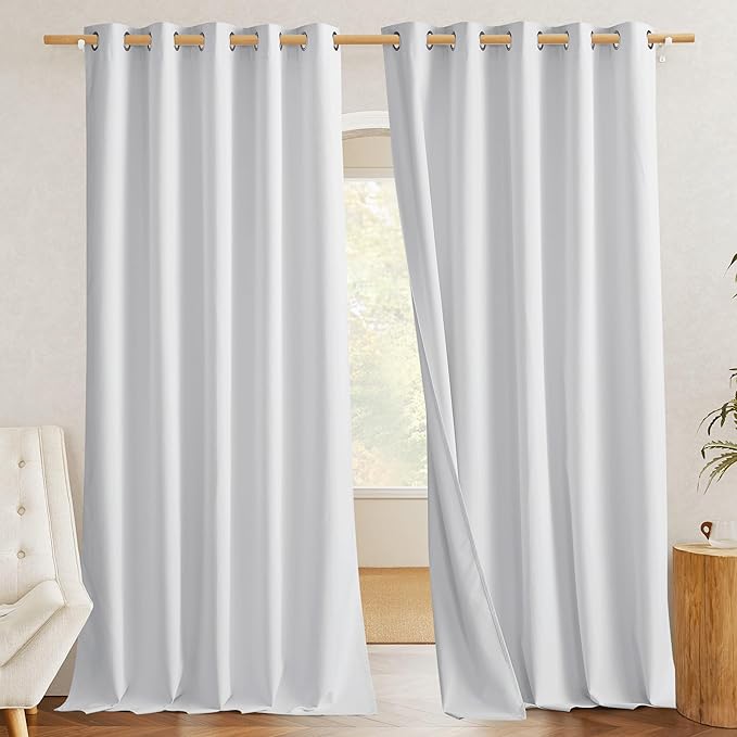 NICETOWN 100% Absolutely Blackout Linen Curtains with Thermal Insulated White Liner, White, W62, 2 Pieces, Noise Reducing Textured Linen Look Curtains for Windows 90 inch Length for Classroom