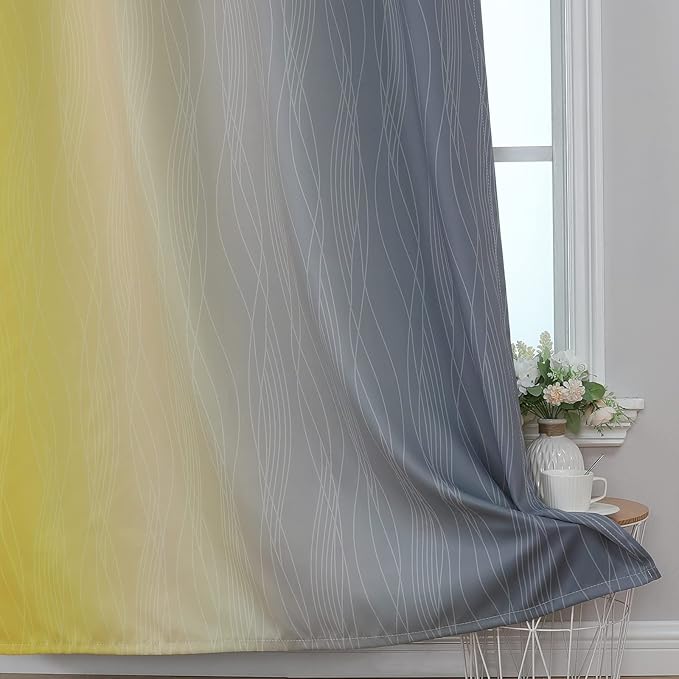 Grey and Yellow Blackout Curtains 84 Inch Length 2 Panels Set, Blackout Curtains for Living Room, Thermal Insulated Gradient Drapes, Light Blocking Ombre Curtains for Boys Bedroom, 52W x 84L Inches