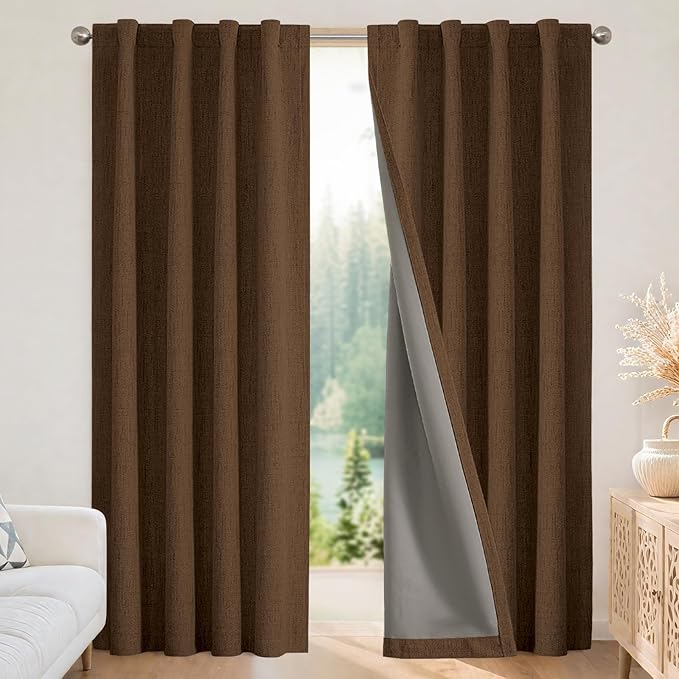 Joydeco Blackout Curtains for Bedroom - 100% Light Blocking 2 Panels Cappuccino Drapes 66"W x 108"L, Thermal Insulated Room Darkening Curtains, Linen Textured for Living Room, Rod Pocket & Back Tabs