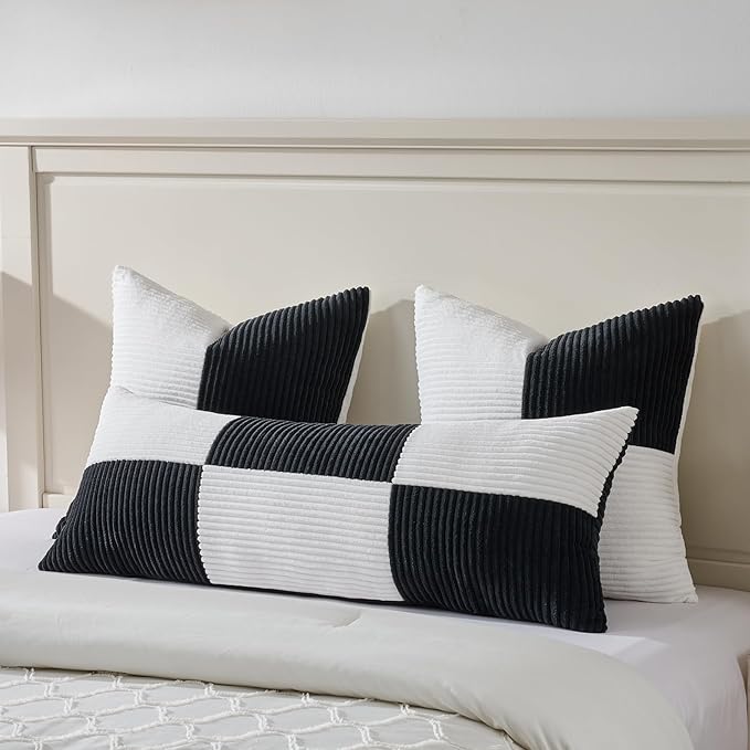 Fancy Homi Set of 2 Black White Decorative Throw Pillow Covers 22x22 Inch for Living Room Couch Bed Sofa, Farmhouse Boho Home Decor, Soft Cross Corduroy Patchwork Accent Square Cushion Case 55x55 cm