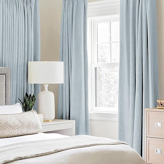 MIULEE 100% Blackout Linen Textured Curtains for Bedroom Solid Thermal Insulated Chambray Blue Grommet Room Darkening Curtains & Drapes Luxury Decor for Living Room Nursery 52 x 108 Inch (2 Panels)