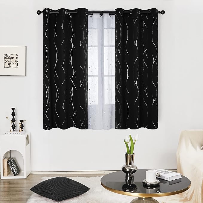 Deconovo Black Out Curtains for Kitchen, 42 x 45 Inch Length 2 Panels Set, Thermal Insulated Soundproof Window Drapes with Silver Print, Grommet Top, Machine Washable Panels for Small Winodw Nursery