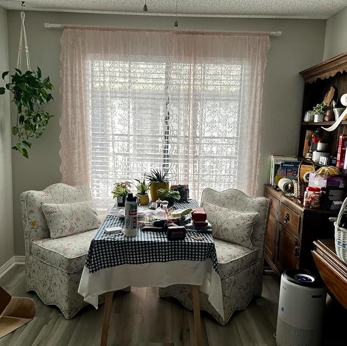YJ YANJUN Vintage Lace Curtains 96 Inches Long-Victorian Floral Pattern Dusty Pink Sheer Curtain Panels for Living Room Bedroom,Light Filtering, Shabby Chic Girls Drapes 2 Panels 52W x 96L