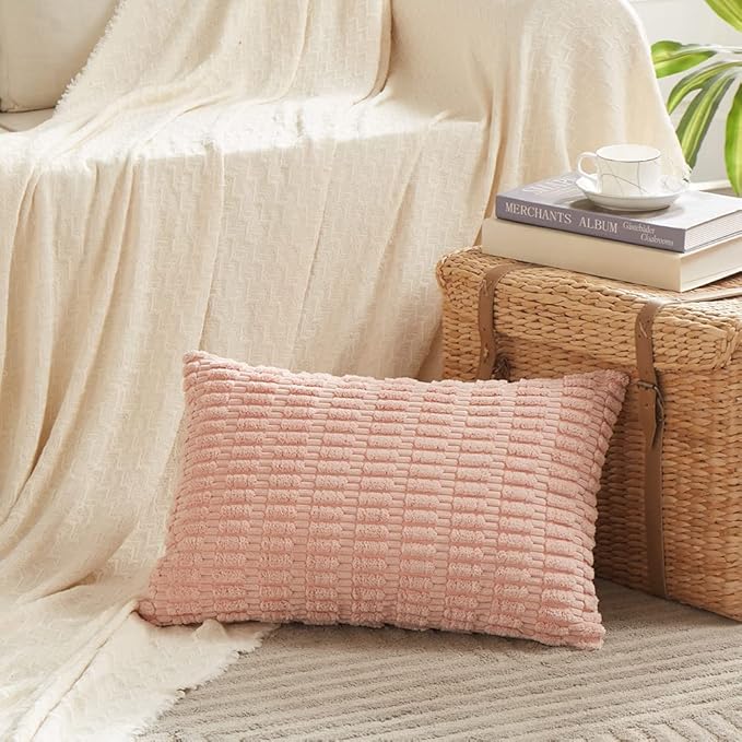 Fancy Homi 4 Packs Boho Pink Decorative Throw Pillow Covers 16x24 Inch for Living Room Couch Bed Sofa, Rustic Modern Farmhouse Home Decor, Soft Plush Corduroy Cute Square Cushion Case 40x60 cm