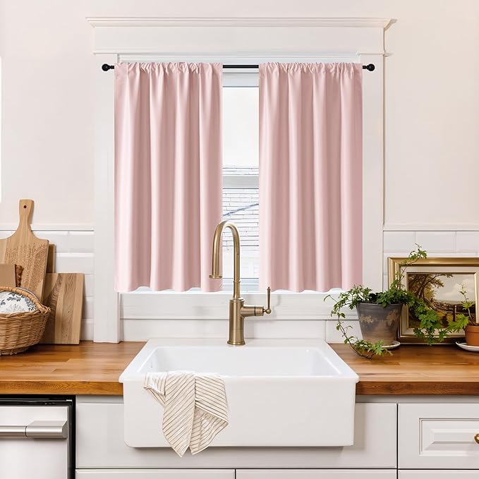 RYB HOME 100% Blackout Short Curtains for Small Window, Thermal Insulated Total Room Darkening Noise Reducing Curtains for Kitchen Bathroom Basement, 52 inches Wide by 36 inches Long, Baby Pink