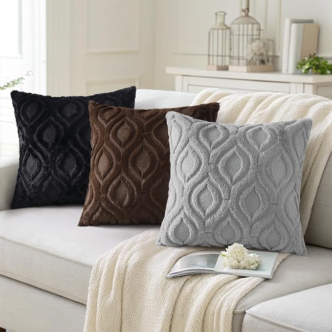 decorUhome Throw Pillow Covers 20x20 Inch Set of 2, Soft Plush Faux Wool Dark Brown Solid Couch Pillow Covers, Accent Farmhouse Neutral Square Pillow Cases for Sofa Bed Living Room
