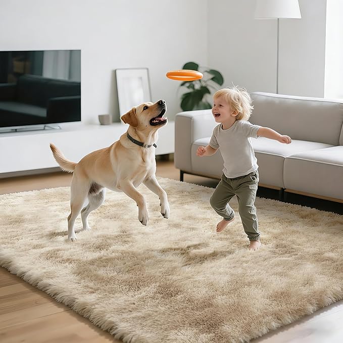 Shag Area Rugs for Bedroom Living Room,8X10 Ultra Soft Fluffy Area Rugs for Dorm, Indoor Carpet Nursery Rugs for Kids Girls Room Home Decor,Camel