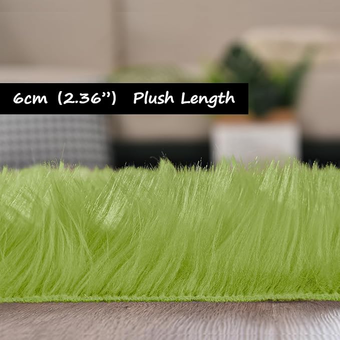 Goolela Lime Green Fluffy Fuzzy Fur Rug for Bedroom 2x3 Faux Sheepskin Area Rug Furry Shaggy Dorm Bedside Soft Washable Rectangle