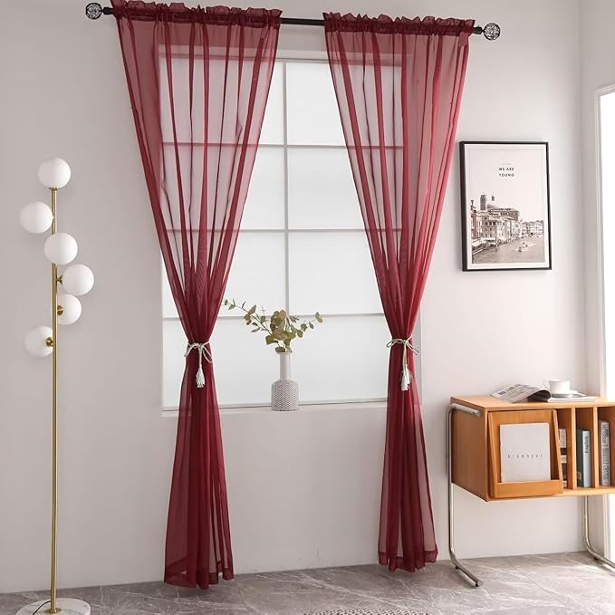 SpaceDresser Burgundy Sheer Curtains 4 Panels Rod Pocket Semi-Sheer Curtain 108 Inches Long Light Filtering Voile Window Drapes for Bedroom Living Room Kitchen, Each 52W x 108L