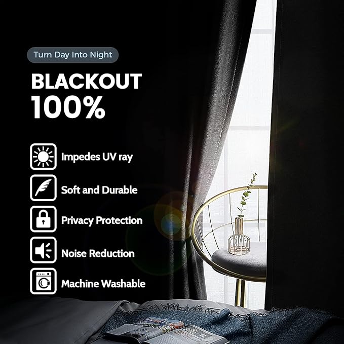 SimpleHome 100% Blackout Curtains for Bedroom,Thermal Insulated Black Grommet Window Drapes Room Darkening Curtains for Living Room with Black Back,38 x 63 Inch,2 Panels