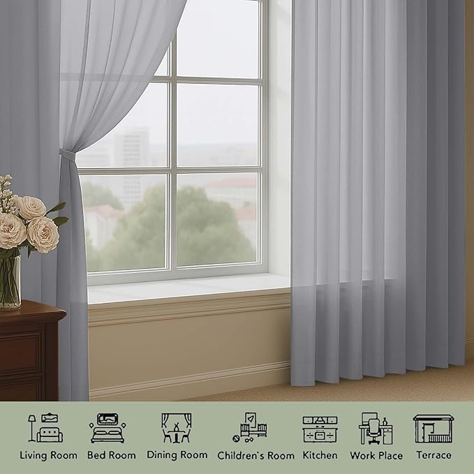 OWENIE Grey Sheer Curtain 90 Inches Long 2 Panels Set, Solid Filmy Drapes for Living Room Bedroom, Elegant Window Voile Sheer Curtain Panels Drapes, 2 Pcs, Each 59" Wx90 L Inch