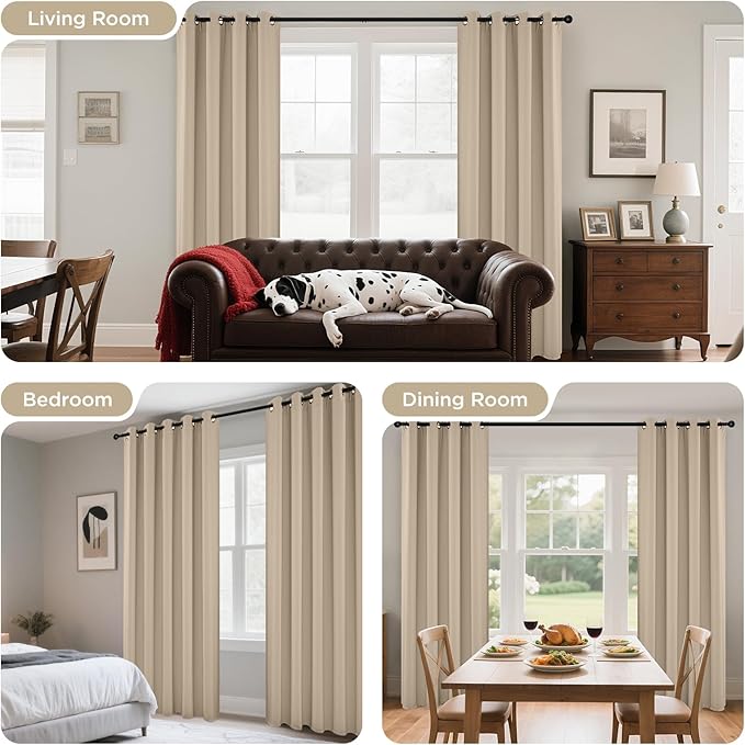 Joydeco Blackout Curtains 63 Inch Length 2 Panels Set, Thermal Insulated Long Curtains& Drapes 2 Burg, Room Darkening Grommet Drapes for Living Room Bedroom Window (W52 x L63 Inch, Light Beige)
