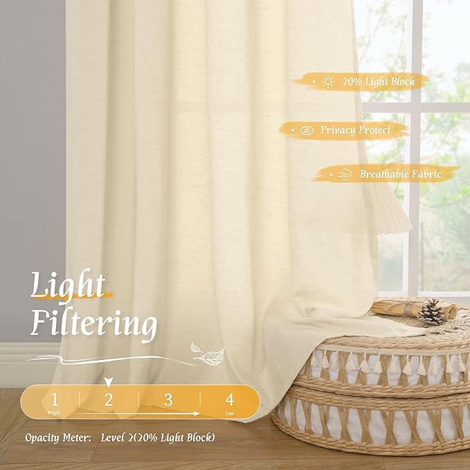 LAMIT Beige Linen Curtains 84 inches for Bedroom, Faux Linen Textured Light Filtering Drapes Rod Pocket Boho Burlap Semi Sheer Panels for Farmhouse/Living Room, 2 Panels, 52 x 84 Inch, Beige