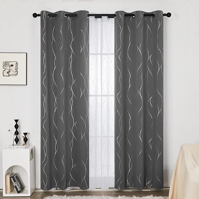Deconovo Blackout Curtain, Grey Curtains, Thermal Insulated Soundproof Grommet Drapes, Silver Wave Dots Foil Print, 42 x 84 Inch, 2 Panels, Machine Washable Window Panel for Living Room Bedroom Office