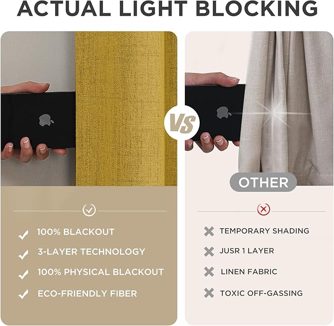 Joydeco Blackout Curtains for Bedroom - 72 Inch Long 100% Light Blocking 2 Panels Set Yellow Drapes, Thermal Insulated Room Darkening Curtains, Linen Textured for Living Room, Rod Pocket & Back Tabs