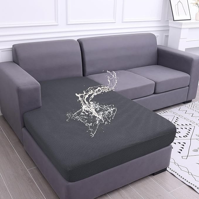 hyha Waterproof Couch Cushion Covers, Sectional Sofa Cushion Slipcovers L Shape, Thick Stretch Jacquard Fabric, Washable Chaise Lounge Cover with Elastic Bottom (1 Piece for Chaise, Grey)