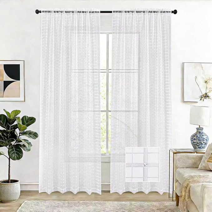 SpaceDresser Check Sheer Curtains 72 Inches Long for Living Room, Rod Pocket Plaid Semi Sheer Drapes for Kitchen Bedroom（White, 52W x 72L）