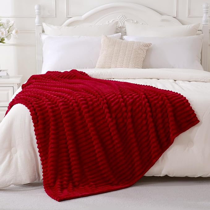 Red Fleece Throw Blanket 90”×90” for Couch Sofa Bed,Super Soft Cozy Plush Microfiber Flannel Blanket with Stripes Design Lightweight for Adults,Woman,Girls