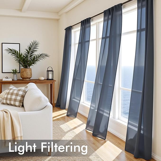 MIULEE Navy Blue Sheer Curtains 90 Inches Long, 4 Panels Set, Light Filtering Rod Pocket Voile Drapes Window Treatments, Semi Transparent Airy Fabric for Bedroom and Living Room, 42 x 90 Inches
