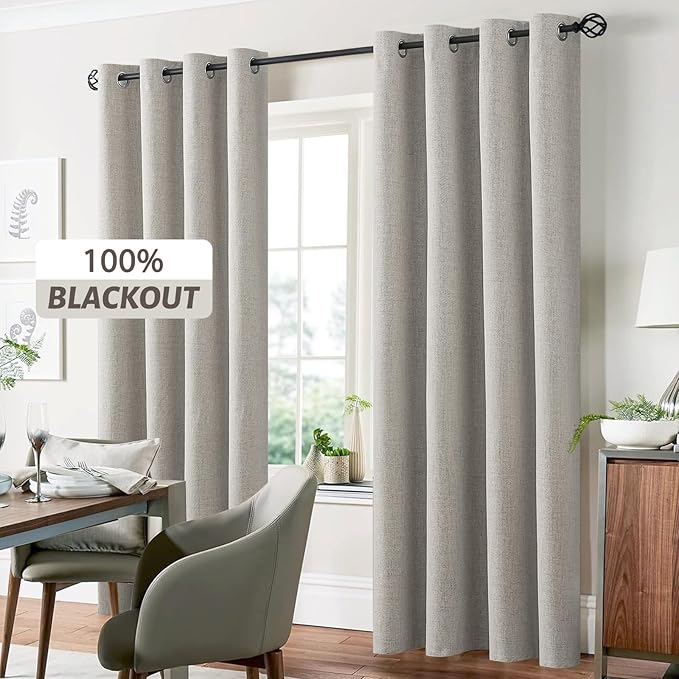 Yakamok Oatmeal Linen Curtains 100% Blackout 63 Inches Long,Room Darkening Textured Curtains for Living Room Thermal Grommet Bedroom Curtains 2 Panels with White Liner