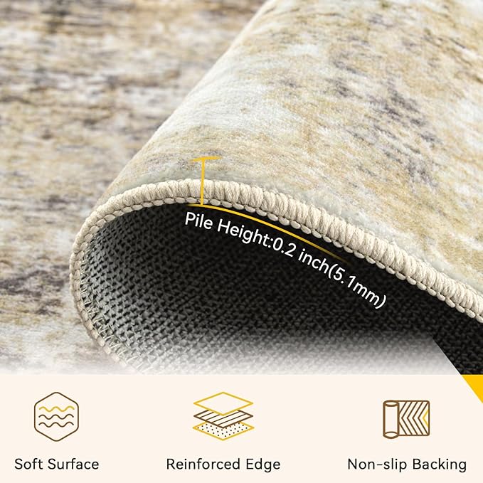 Washable Area Rugs 6ft Non-Slip Modern Abstract Soft for Living Room Entryway Bedroom Nursery, Print Pattern, Neutral Brown Gray